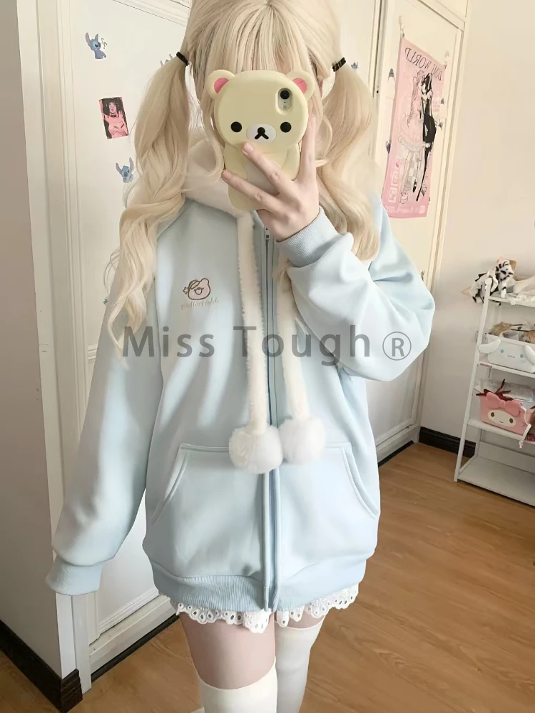 Autumn Winter Kawaii Loose Long Sleeve Coat Women Design Cute Embroidery Zipper Hoodie Female Japanese Sweet Blue Hooded Coat