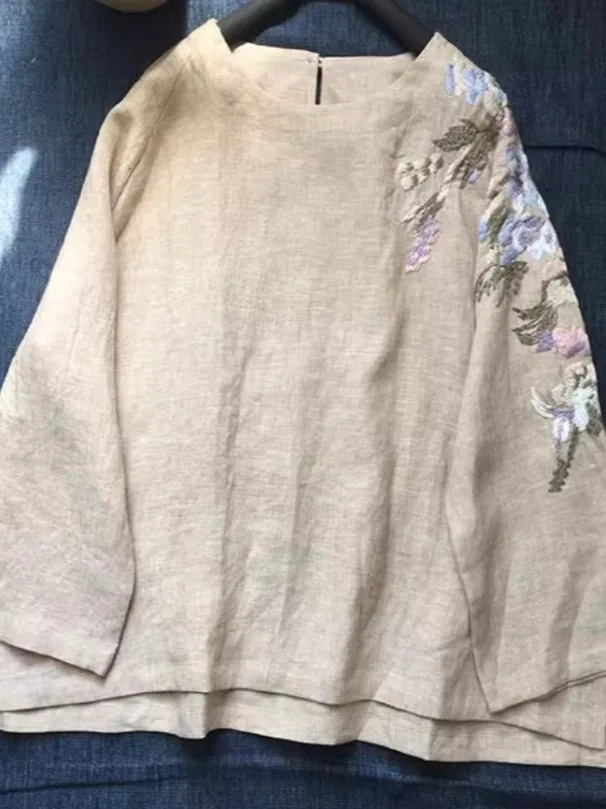 

Summer 2025 Women's Loose Embroidered Cotton Linen Wide Leg Pants Artistic Sle Two-Piece Set Color Woven Linen Long Sve ...