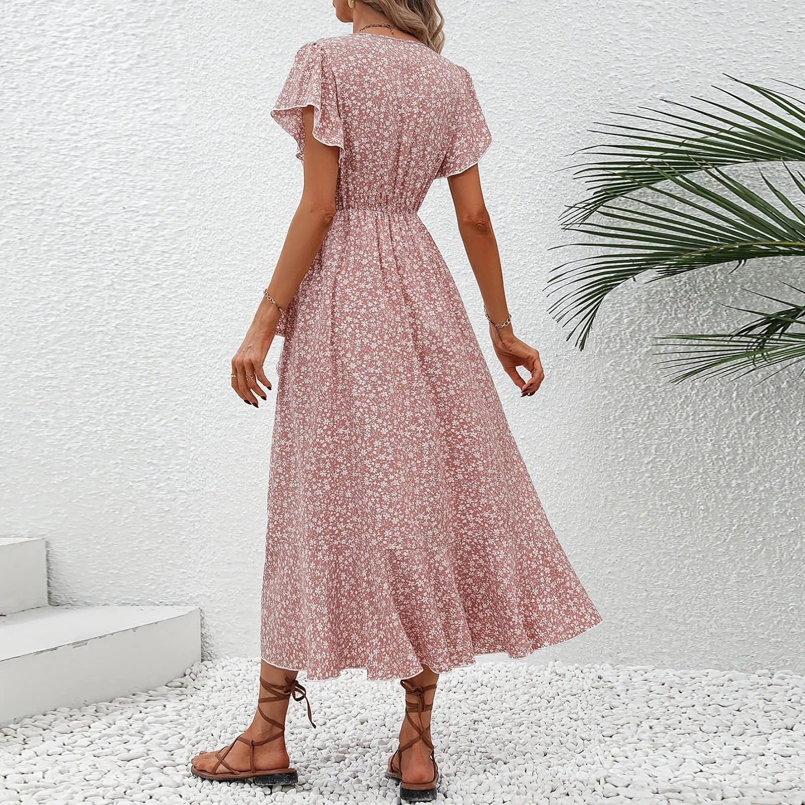 Sexy High Waist Floral Print Midi Dress V Neck Short Sleeved Lace Up Tunic Dresses Women Elegant Party Ruffles A Line Dress