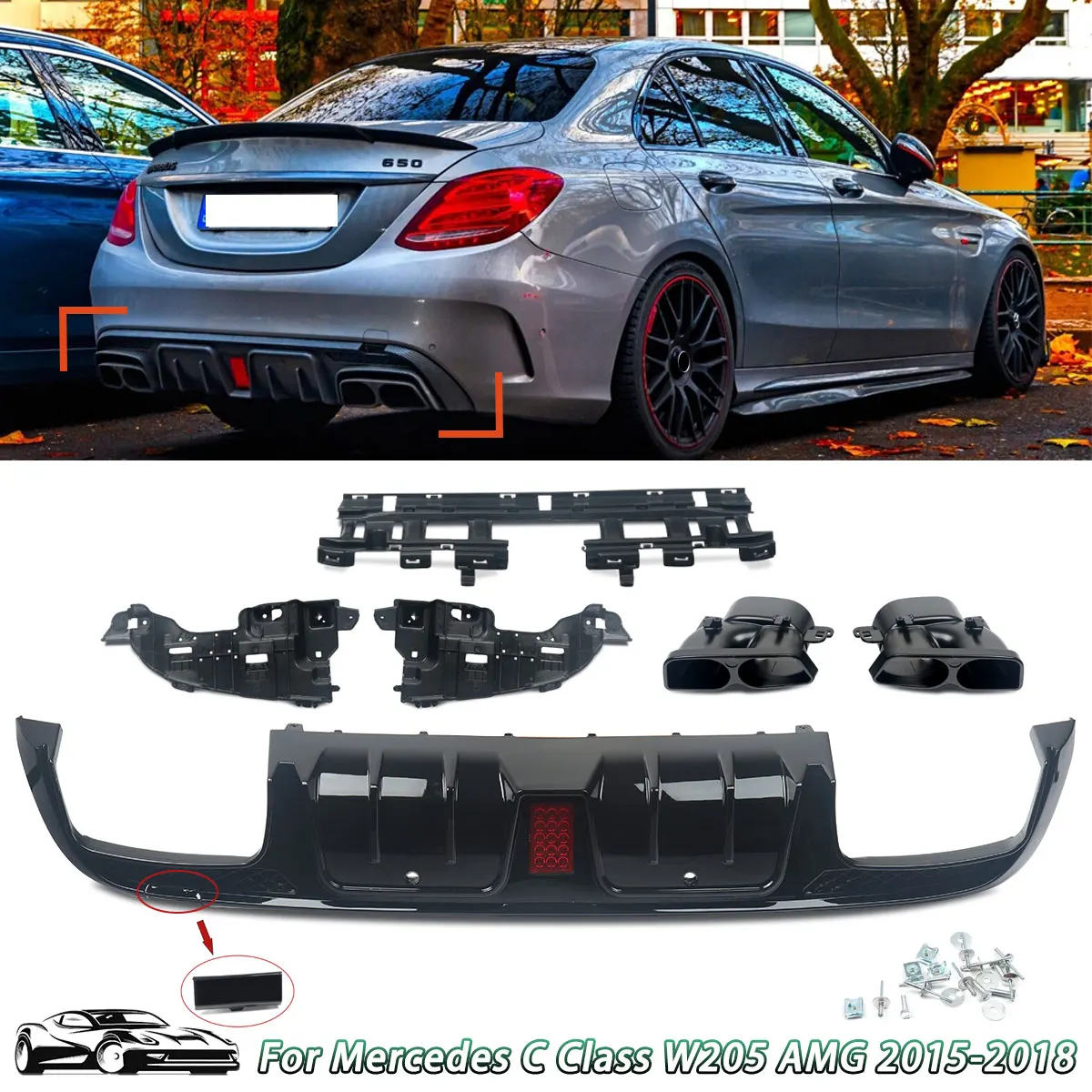 

Car Accessories Rear Bumper Diffuser with Exhaust Tips For Mercedes-Benz C-Class W205 C200 C300 C400 C43 C63 AMG-Line exterior