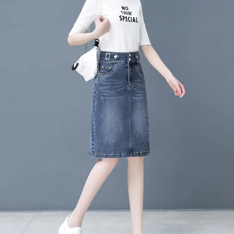 Biyaby Split Jean A-Line Skirt Woman 2023 Summer High Waist Double Buttons Blue Midi Skirts for Women Korean Office Denim Skirt