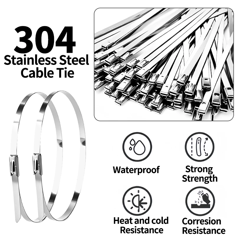 100Pcs 304 Stainless Steel Cable Ties 4.6mm Width 150-500mm Self Locking Metal Zip Ties for Exhaust Wrap Pipes Fence Outdoor Use