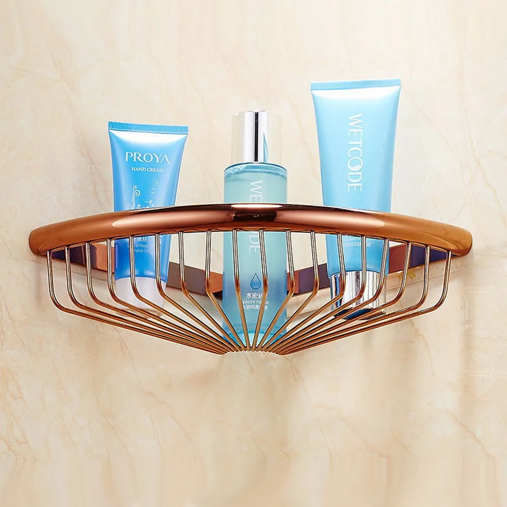 Polished Rose Gold Color Brass Wall Mounted Bathroom Shower Basket Soap Sponge Shower Storage Basket Shelf Shampoo Holder azh124