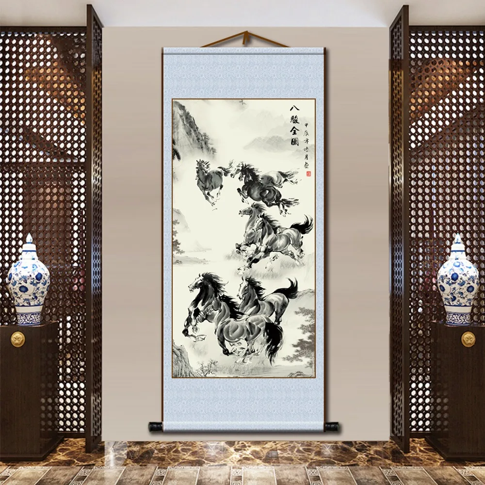 

Eight Horses Scroll: Success Comes Quickly Waterproof Hanging Scroll for Study, Living Room, and Entrance Decor