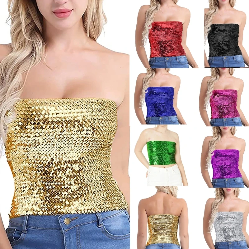 

Women Glitter Sequins Tube Top Stretch Bandeau Strapless Off Shoulder Crop Top