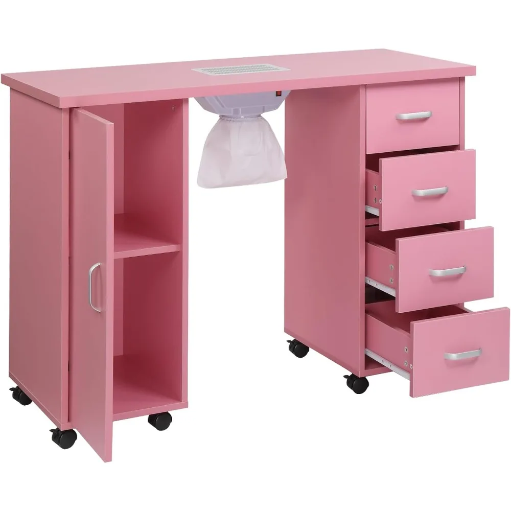 Manicure Nail Table Station, Salon Spa Nail Desk with Electric Downdraft Vent, Locking Castors, 2 Layers Storage Cabinet