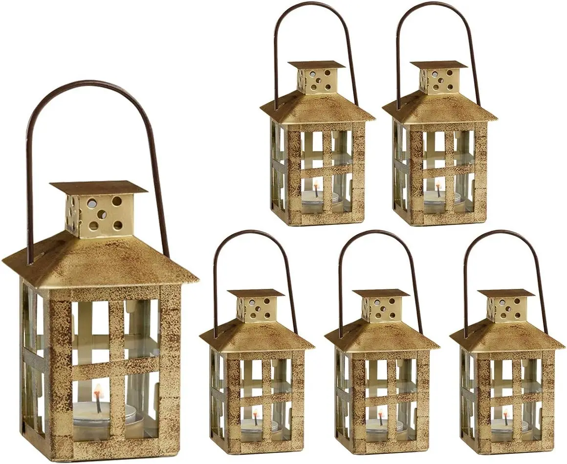 Mini Decorative Candle Lanterns, Set of 6, Vintage Distressed Metal Lantern Candle Holders for Wedding Centerpiece, Home Decor a