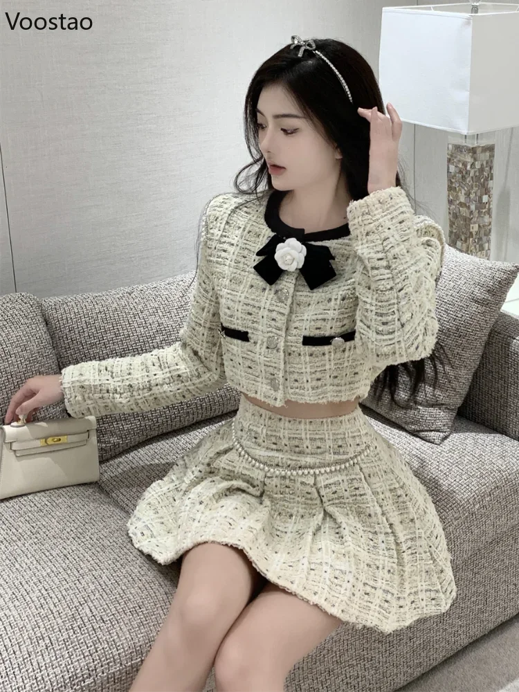 Autumn Winter Elegant Tweed Plaid Skirt Sets Women Sweet O-Neck Flower Bow Jackets Short Tops Mini Pleated Skirts Korean Outfits