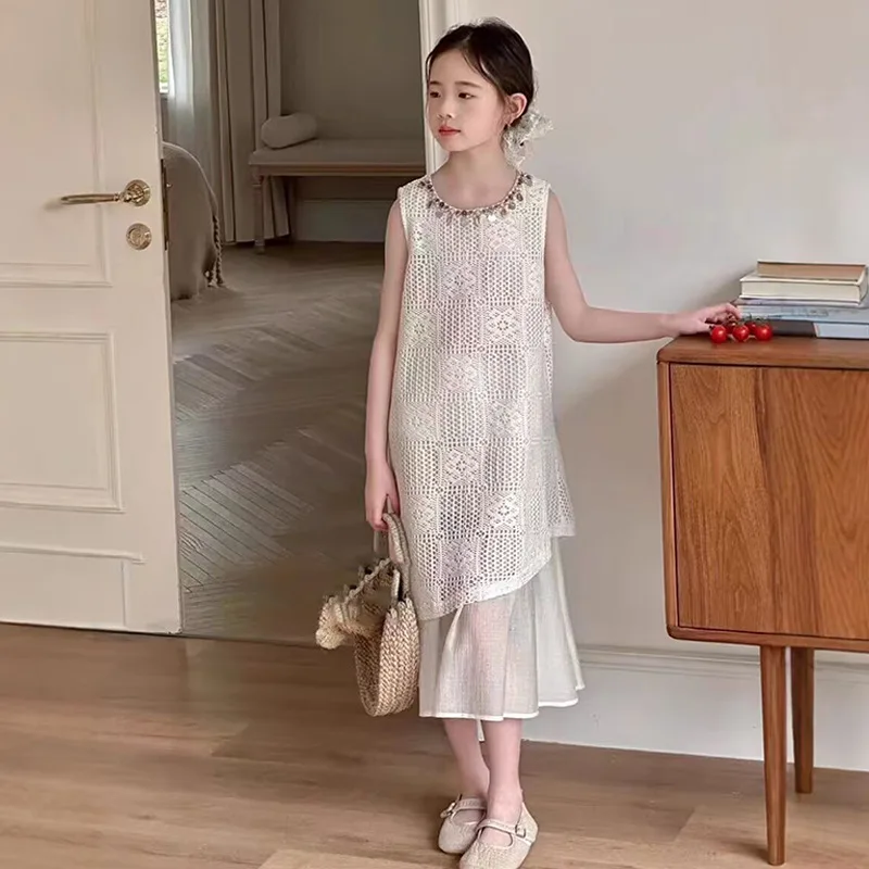 

Irregular Lace Patchwork Fake Two-piece Double Layered Dress 2025 Summer Sleeveless Hollow Out Design Temperament Long Dress