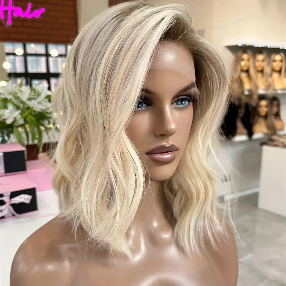 Creamy Blonde 13x4 Lace Front Wig for Women 12 Inch Ombre Blonde Dark Roots Synthetic Short Bob Natural Wave Hair Wig Free Part