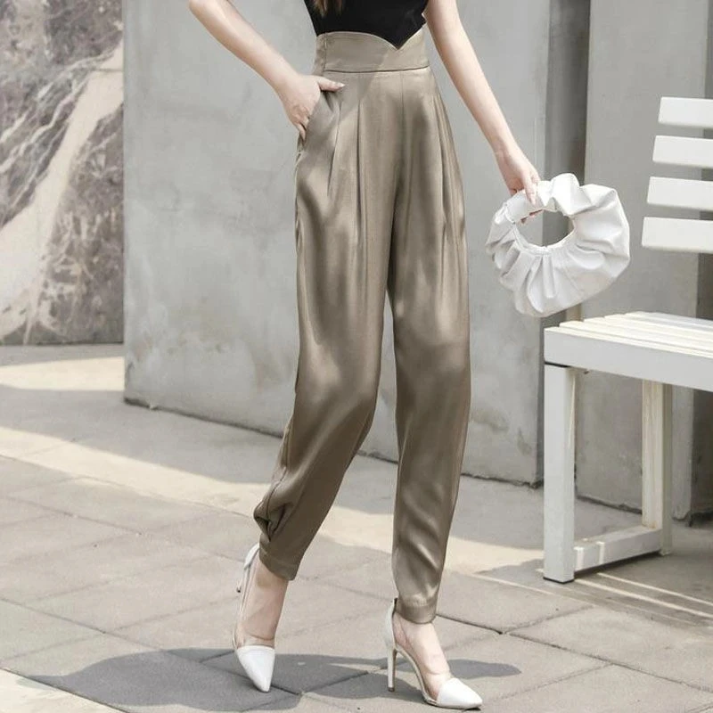 

2023 Women's Casual Haren Pants Folds Spring Autumn High Waist Zipper Loose Commuter Solid Color Fashion Spliced Trousers Ladies