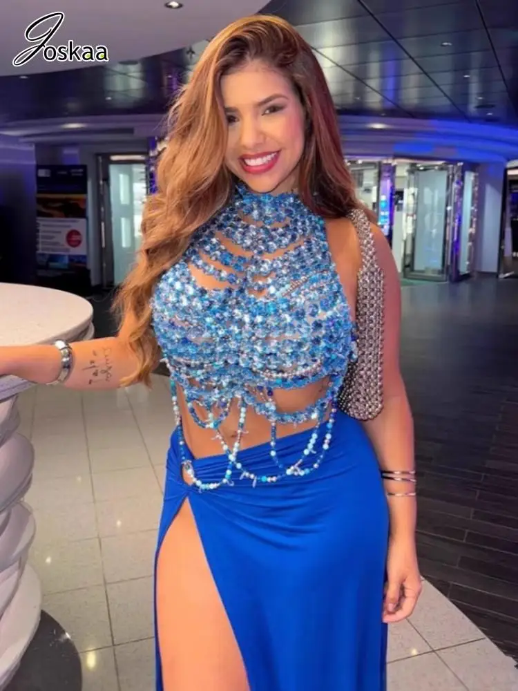

Joskaa 2025 Summer Women's Gemstone Crop Top Sexy Rhinestone Diamond Backless Halter Vests Coquette Midnight Party Club Tops