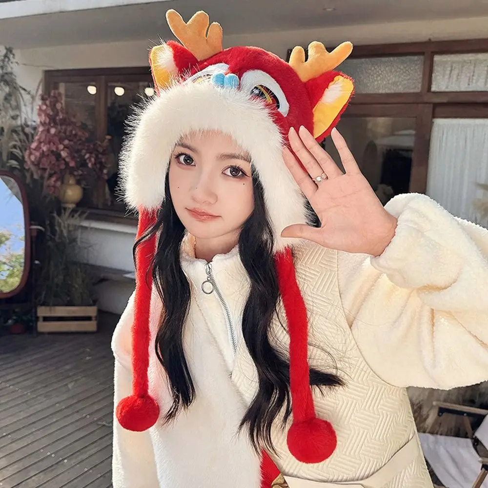 Kawaii Ear Muffs Lion Dance Beanies Hat Tassels Lace Up Winter Plush Warm Hat Soft Cute Scarf Gloves Hat Streetwear