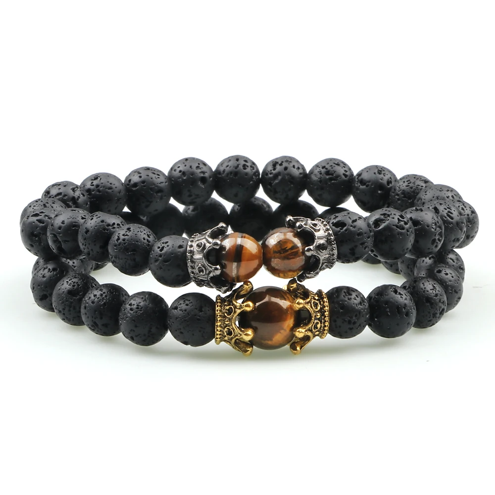 2pcs Charm Crown Tiger Eye Beads Bracelets Men Black Lava Stone Bangles Fashion Women Yoga Energy Jewelry Couple Distance Gifts