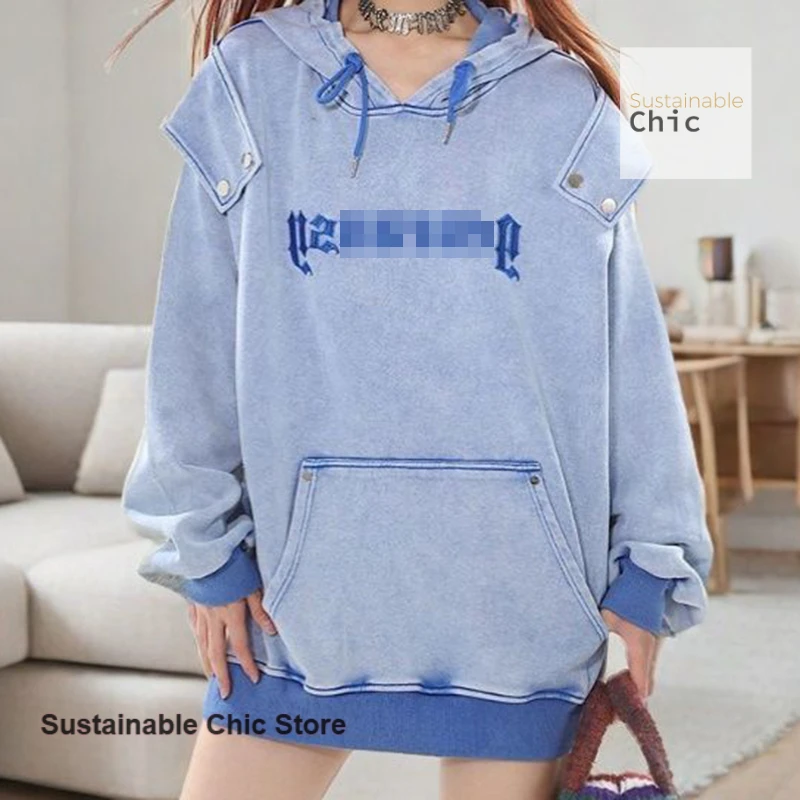 American retro old letter embroidery hooded sweater women's autumn and winter plus velvet casual plus large size loose top