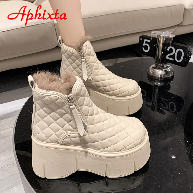 Aphixta Winter Platform Plaid Warm Plush Snow Boots Women Waterproof Fringe Zipper Shoes Thick Botton Sole Boots