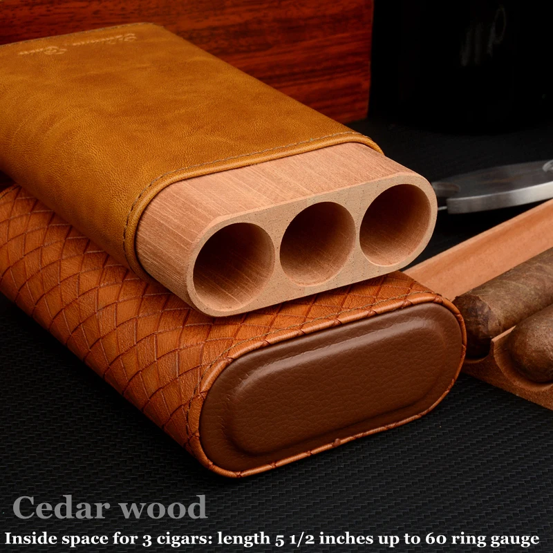 

Large Size Cigar Case PU Leather Cigar Holder 3 Tube Mini Cigar Box Cedar Wood Travel Cigar Humidor C Logo Cigar Accessory Tool