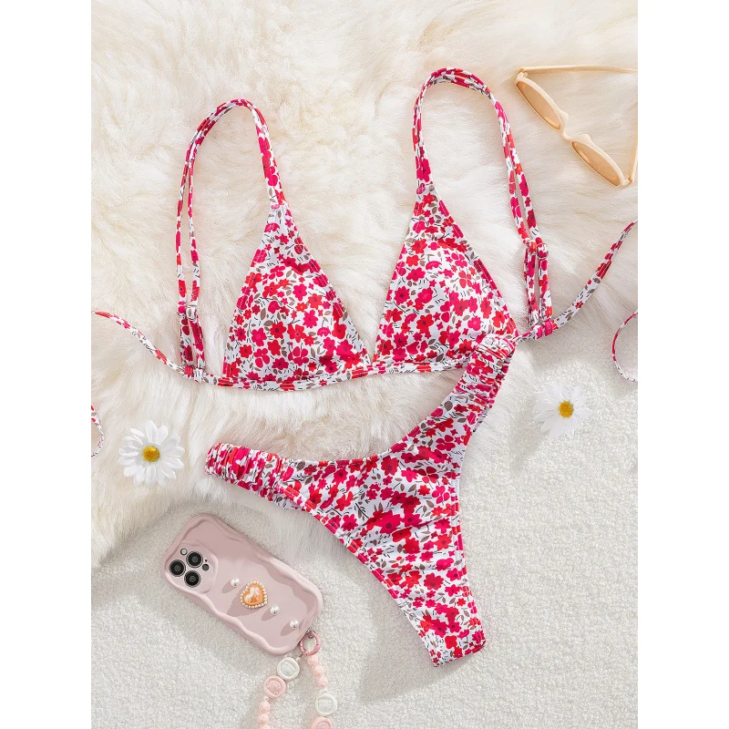 

New Soft Floral Fresh Adjustable Double Strap Bikini Set Summer Beach Fashion Women's Swimwear
