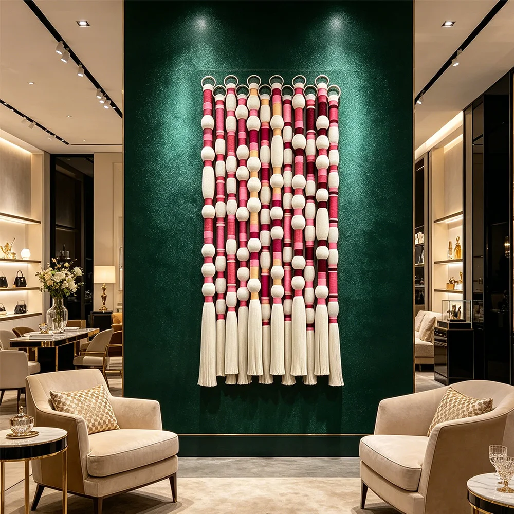pp#Bespoke Interior Design Handwoven Fiber Art Gradient Pink Tassel Wall Sculpture for Commercial  Interior%