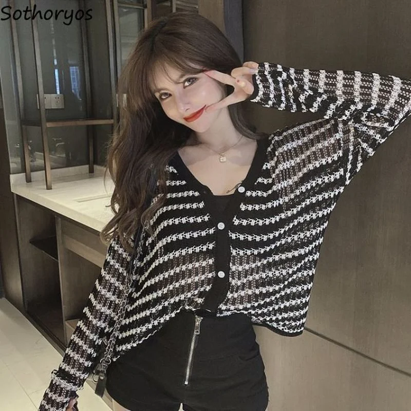 Cardigan Women Hollow Out Design Trendy Sexy See-through Autumn New Striped Leisure All-match Korean Style Ladies Basic Knitwear