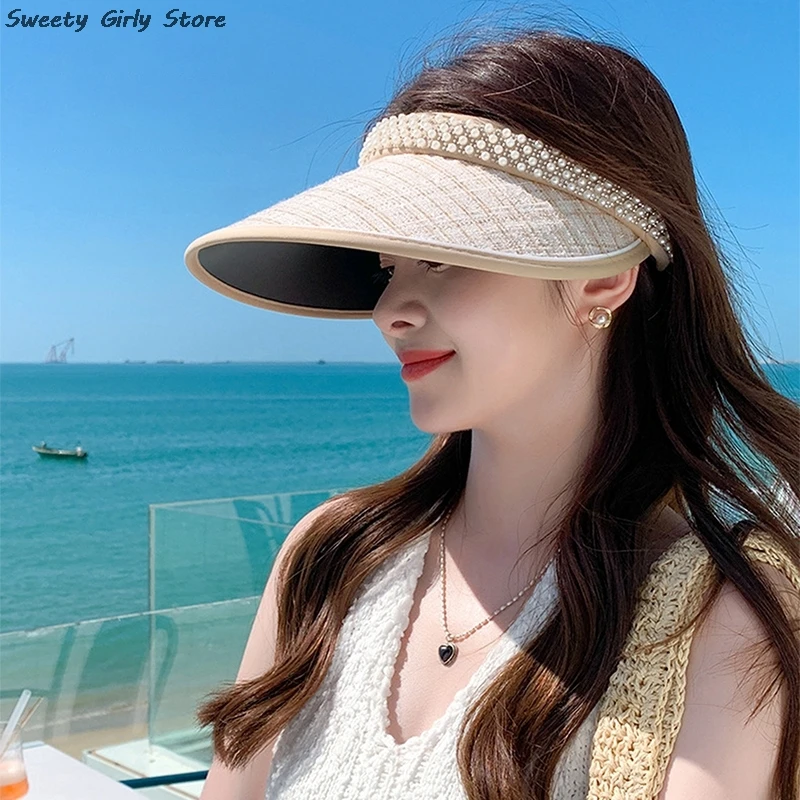 Wide Brim Sun Hat with Pearl Summer UV Protection Chapeau Sports Visor Hats Adjustable Buckle Beach Caps Empty Top Casquette 