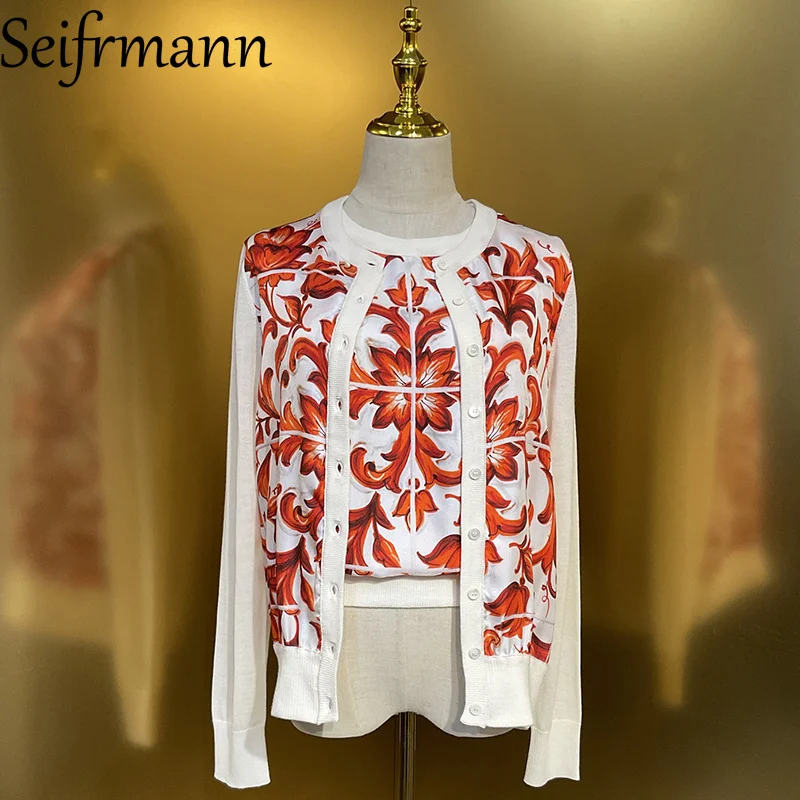 Seifrmann 2026 Sommer Damen Neue Mode Rundhals Langarm Seide-Wolle-Mix Bedruckter Cardigan+Tanktop Zweiteiler Set