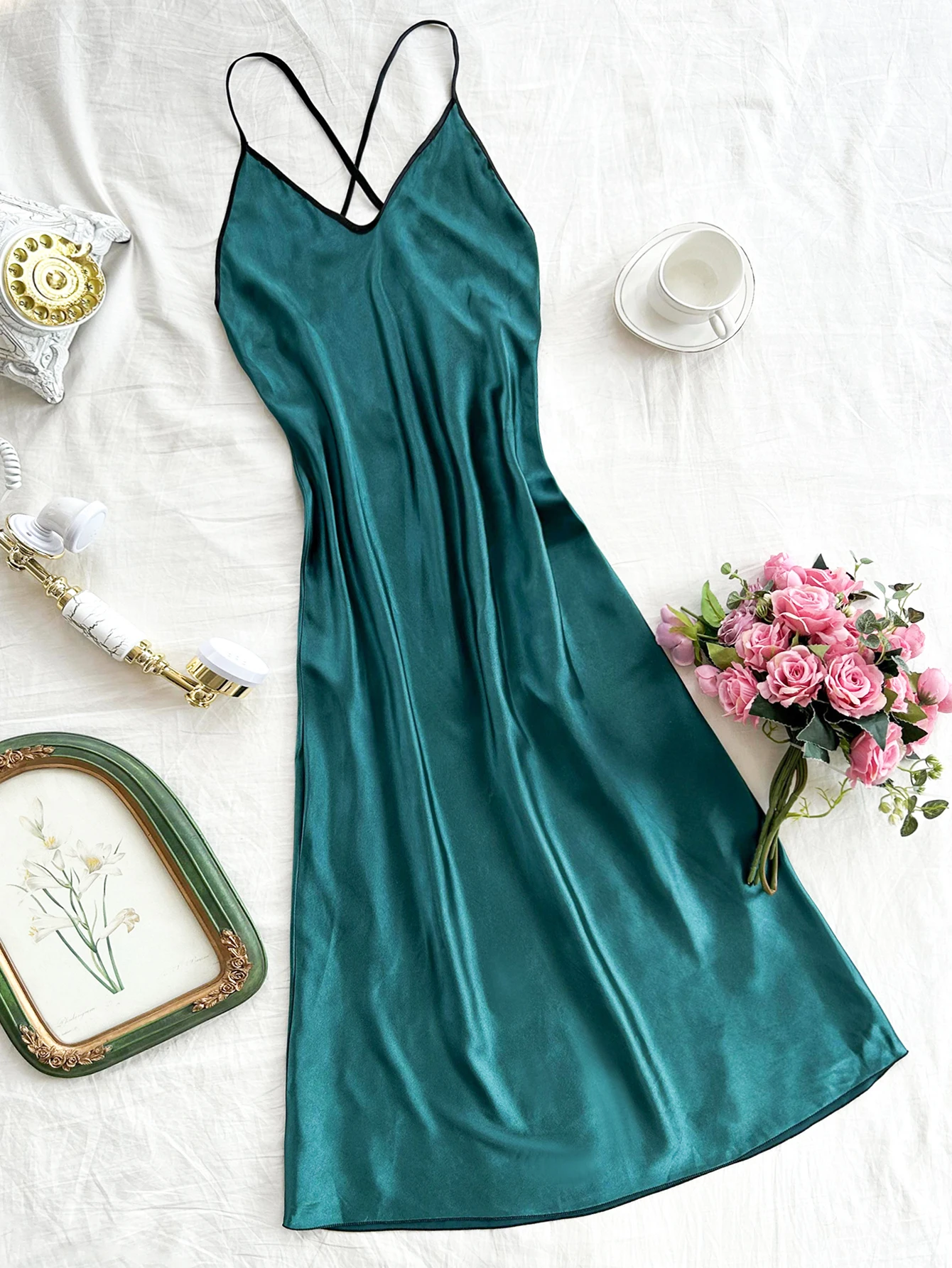 Women's Long Slip Nightdress Thin and Breathable Pajamas Cross Back Spaghetti Strap V Neck Sleep Dress Loungewear
