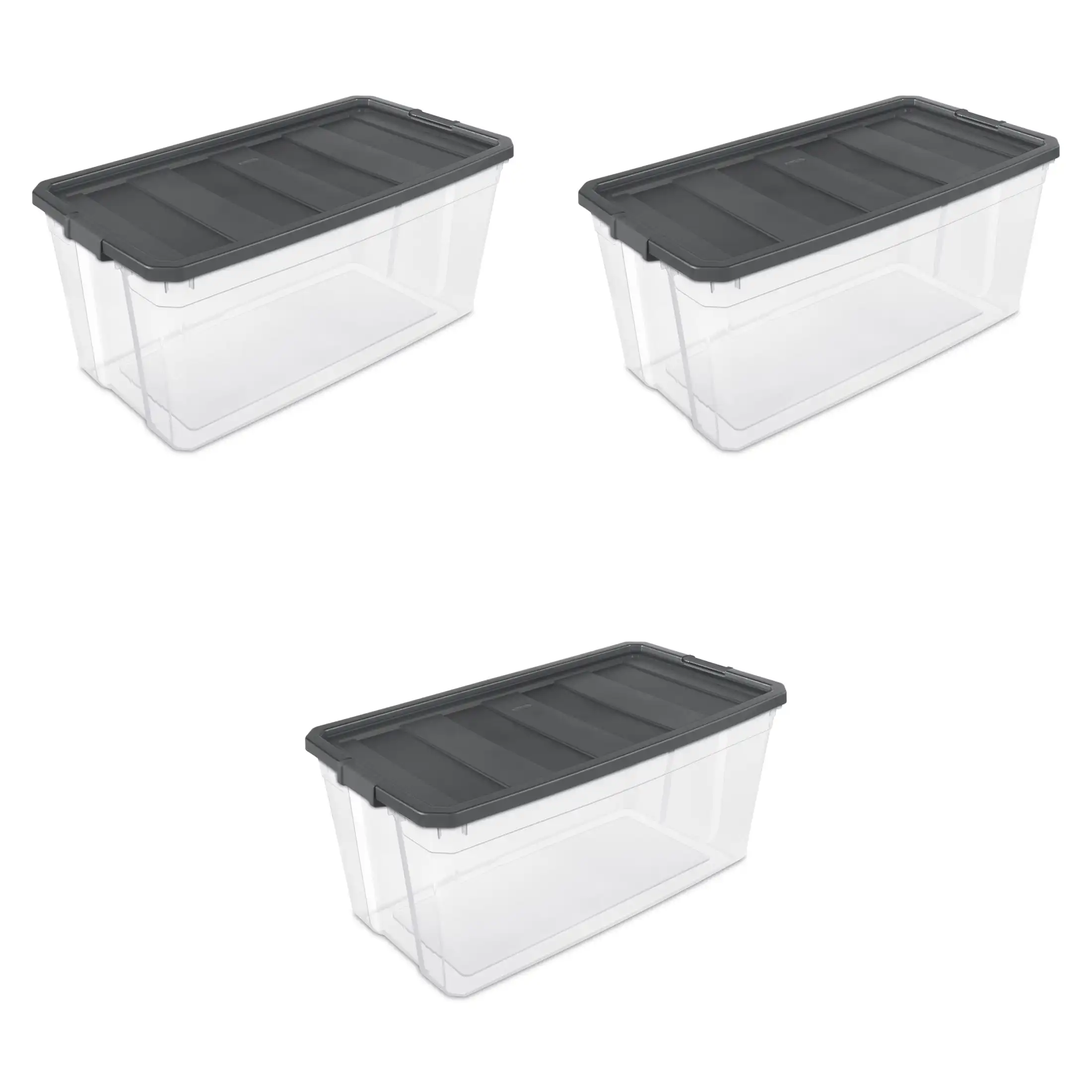 200 Quart Stacker Box, Durable Clear Plastic Bin with Lid, Dark Gray,3 Count