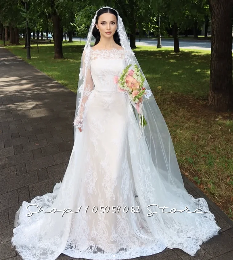 Vintage European Mermaid Wedding Dress White Long Sleeve Illusion Neck Full Lace Bridal Gown Customized robe de mariée