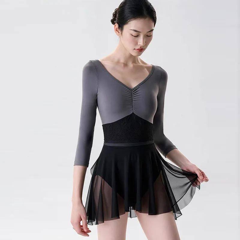 v‑neck-3-4-sleeve-ballet-leotard-for-women-lace-waist-detail-adult-dance-bodysuit-for-studio-practice-gymnastics-swimsuit