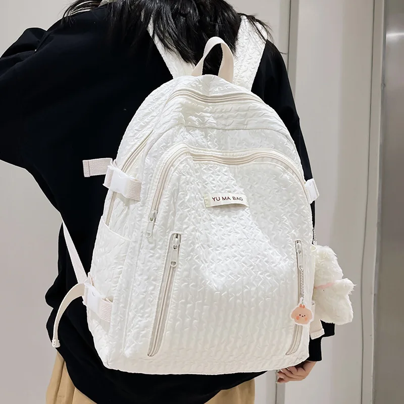 

Quilted Cloud Texture Backpack For Students Lightweight Nylon School Bag With Multiple Compartments And Cute Plush Charm