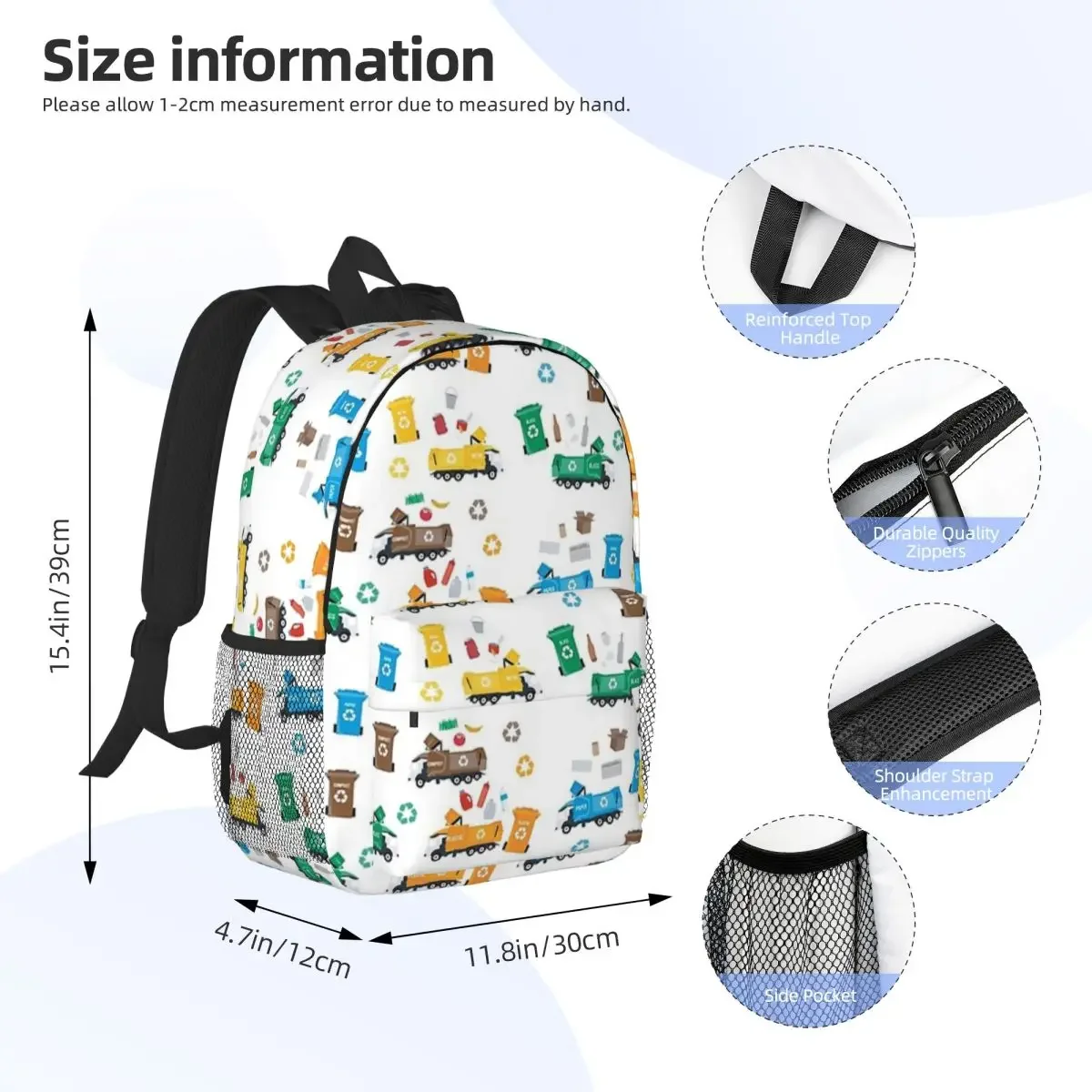 Colorful Recycling Garbage Trucks And Bins Backpack Boys Girls Bookbag Cartoon Children School Bags Laptop Rucksack Shoulder Bag