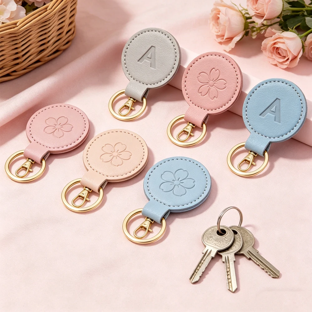 

Customized Engraved Your Logo PU Leather Metal Personalized Key Ring Accessory Round Shape Keychain Favor Gifts for Men Women