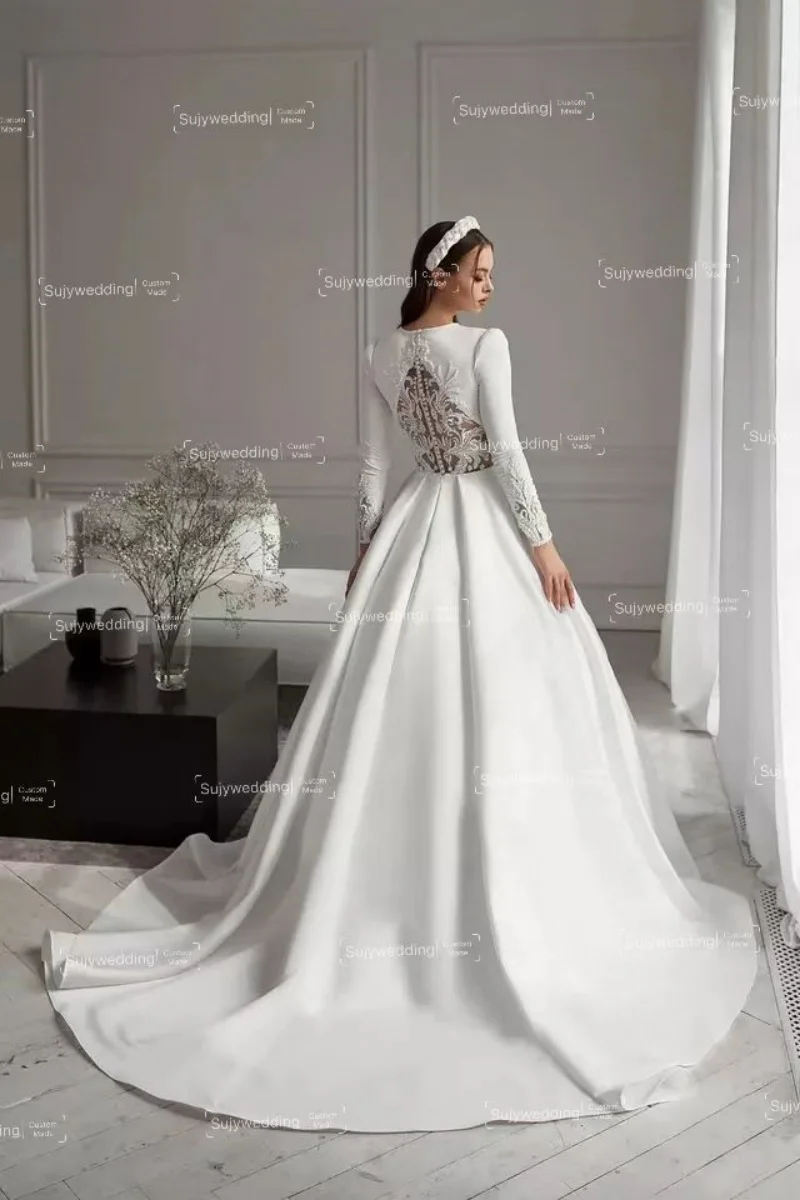 Vestidos De Novia musulmanes De línea A De lujo, Apliques De encaje con cuentas, Vestidos De Novia blancos De manga larga para novia, Vestidos De Noche personalizados