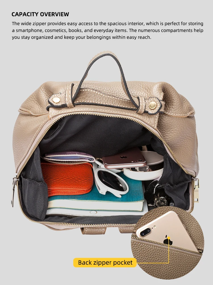 Zency Women Stylish Classic Backpack Khaki Genuine Leather Knapsack Satchel Purse Roomy with Pockets Fit A4 Ipad 9.7'' Rucksack image 5