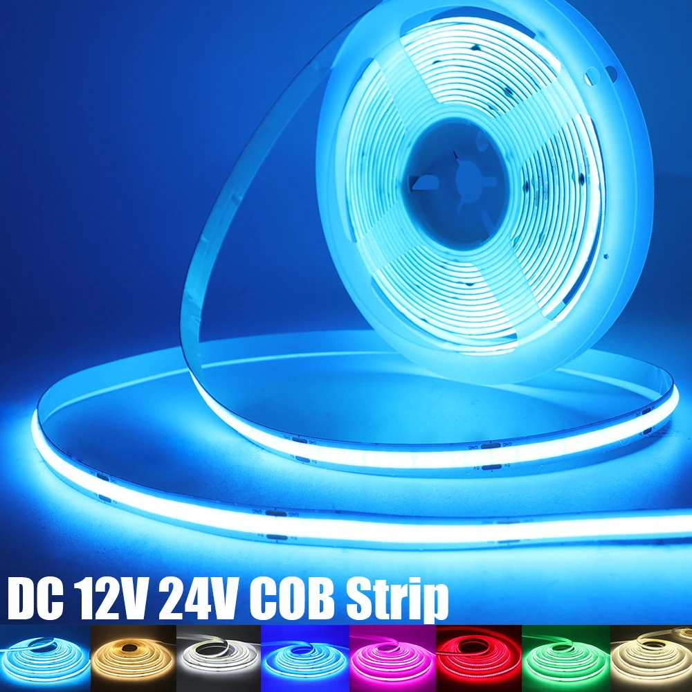 DC 12V 24V COB Strip 320Leds/M High Density RA90 White Pink Yellow Ice Blue Red Green Flexible Ribbon Rope LED Light