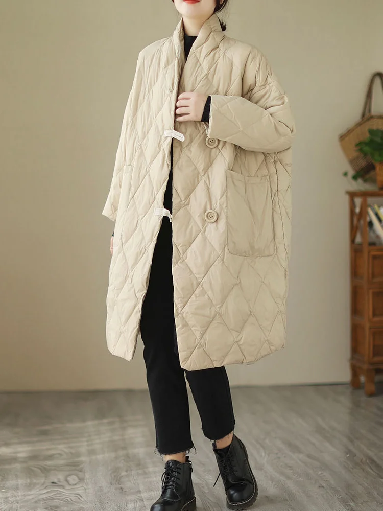 

Japanese Sle Lightweight down Cotton Jaet Women Winter Vintage Diamond Pattern Mid-Length Thiened Cotton Coat Outerwear