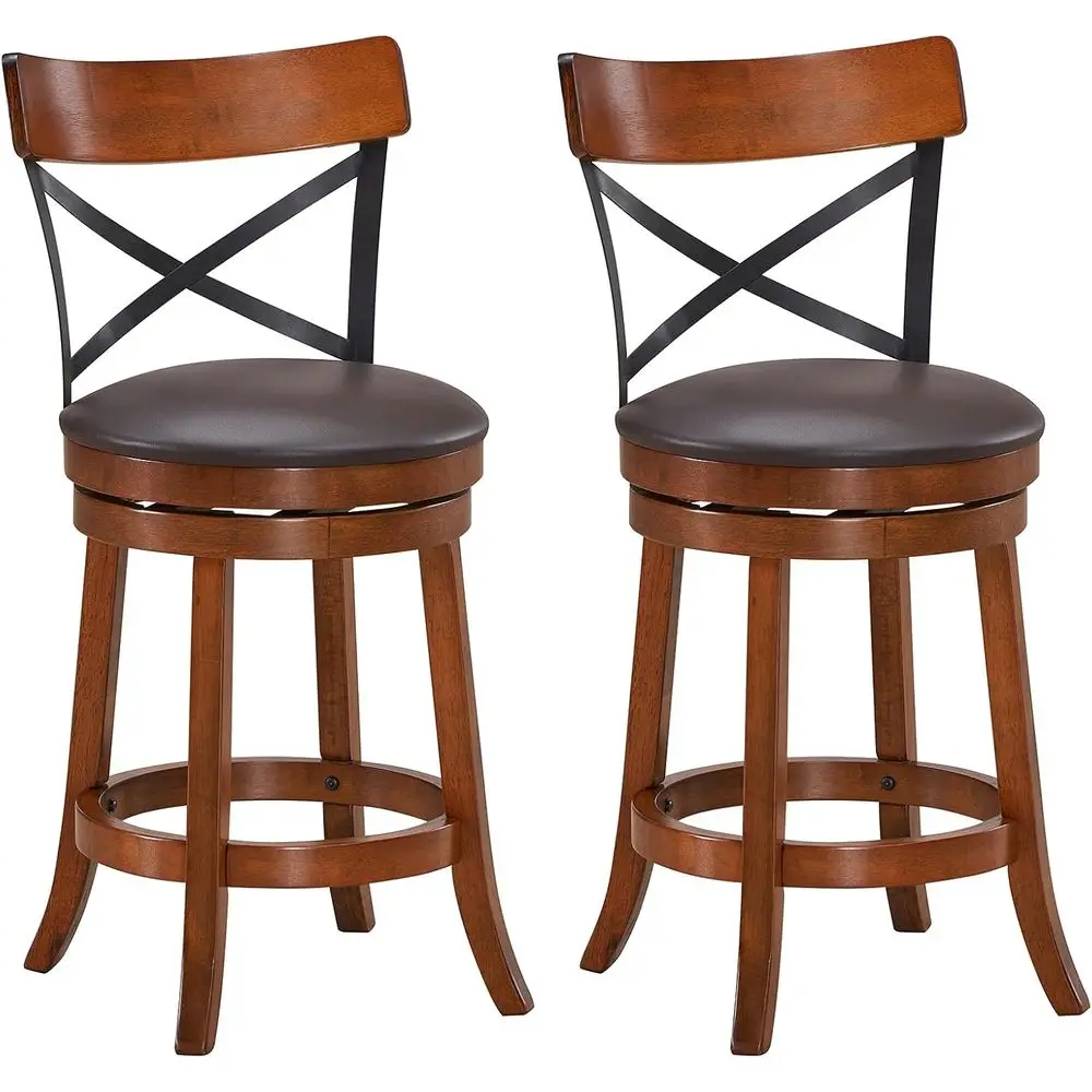 

Set of 2 Swivel Solid Wood Bar Stools with Cushion & Backrest, 25 High for Kitchen Counter or Pub