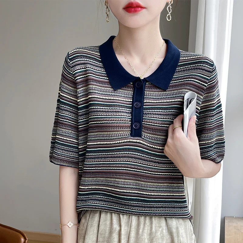 Women\'s T-shirts Spring/Summer New Knitted Short Sleeve Casual Striped Blouse Ladies Clothes Loose Tops POLO Neck Tees