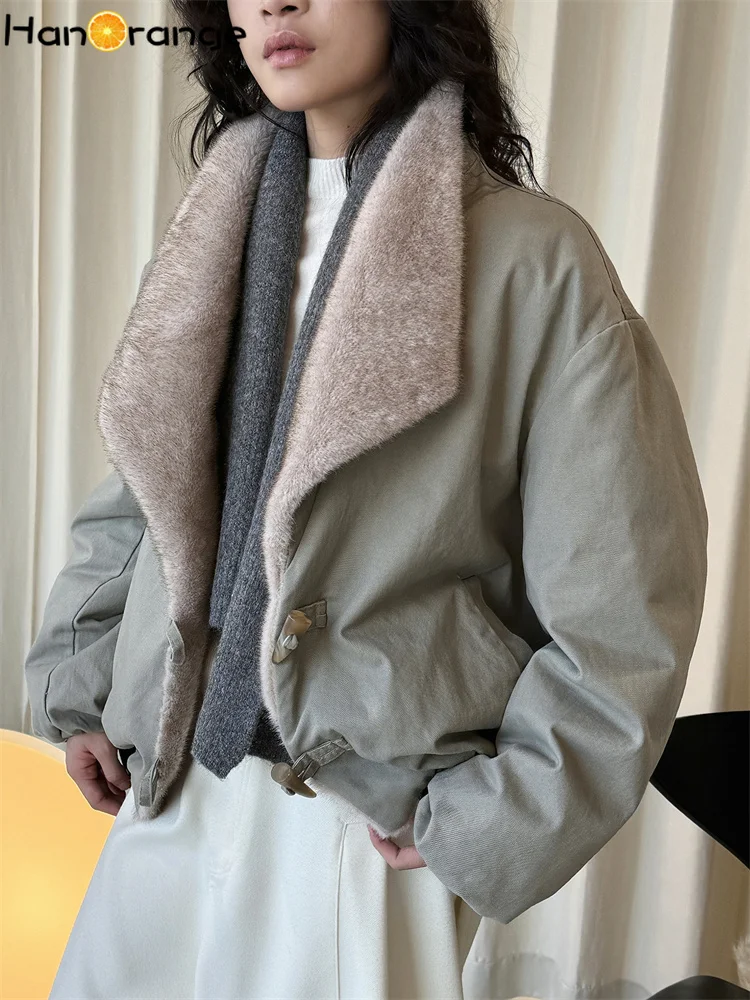 

HanOrange 2025 Winter Fashion Flip Collar Fake Mink Fur Down Jacket Women Comfortable Warm Coat Gray