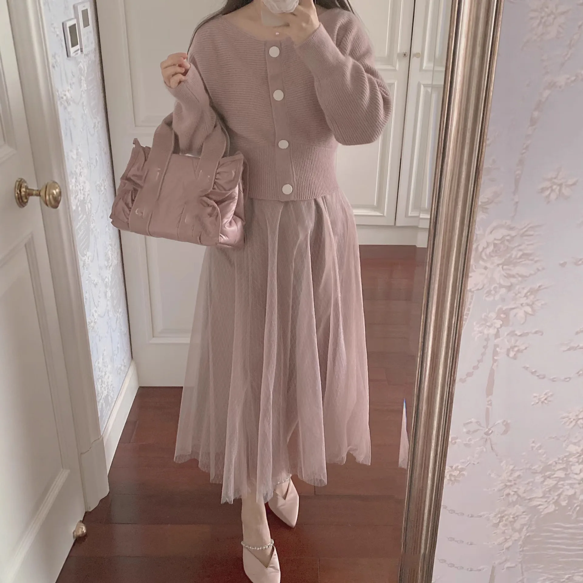 

New V Neck Short Knit Set Cardigan Voile High Waist All-match Casual Skirt Japanese Sweet Preppy Style Elegant French Dress Suit