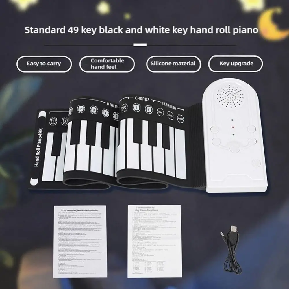 49 Keys Roll Up Piano Portable Rechargeable Hand Roll Piano Keyboard Foldable Electronic Piano Keyboard for Kids and Beginners