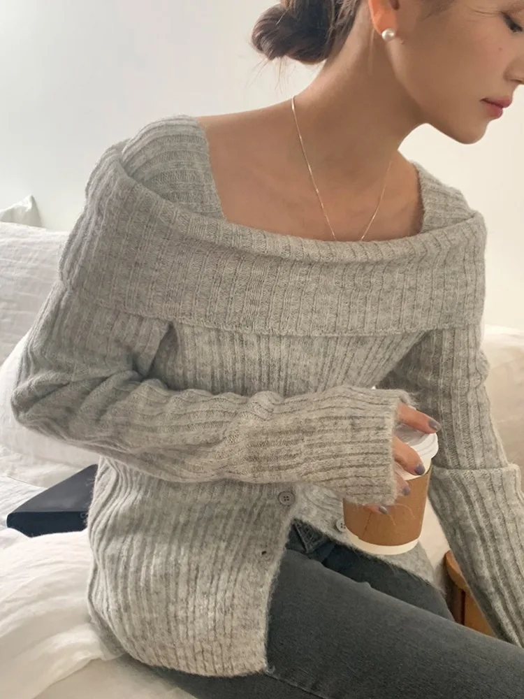 Vintage Slim Knitted Sweaters Jumpers for Women Autumn Winter Female Square Collar Full Sleeve Pullovers 2023