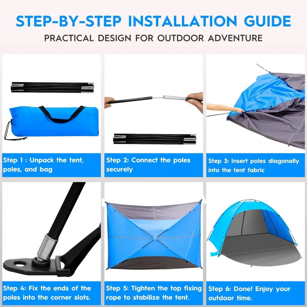 خيمة محمولة مأوى للشمس تتسع لـ 4 أشخاص مع عامل حماية من الأشعة فوق البنفسجية 50+، تصميم مكون من 4 أبواب قابل للتنفس وأعمدة من الألياف الزجاجية مقاس 8.0 مم #2