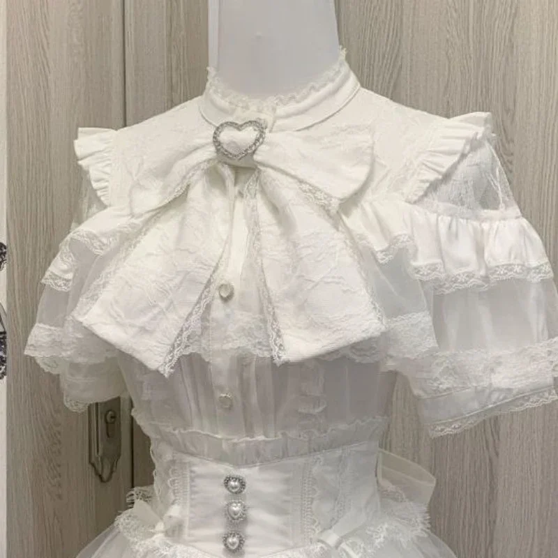 Japanese Kawaii Lolita Blouse Summer - Harajuku Single Breasted Shirt with Lace Patchwork & Bow Detail Sweet Girly JK Tops