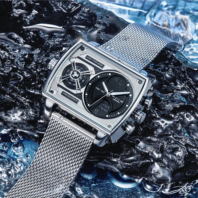 FEICE Fashionable Square Multifunctional Men's Watch, Large-Dial Business Quartz Watch, Water-Resistant, Dual-Time Zone