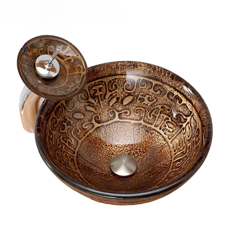 Copper color hand painted round cabinet basin tempered glass toilet wash basin for turkey