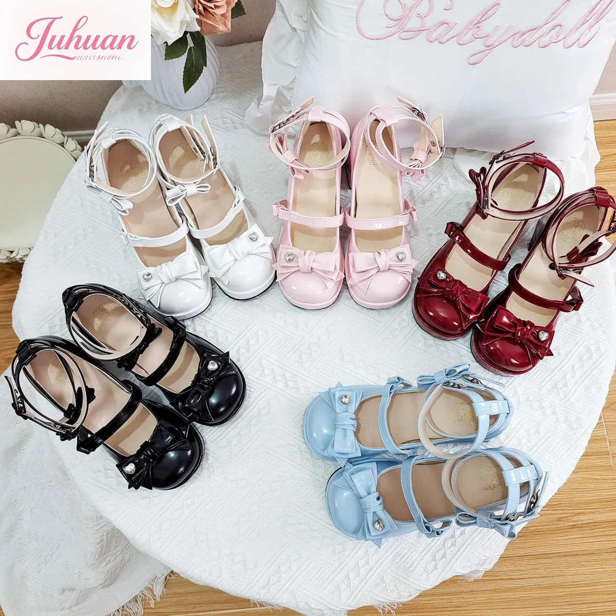 Japanese Women's Shoes Lolita Sweet Girl Platform High Heels Lace-up Rhinestone Bow Single Shoe Daily Versatile Commuter Lo Shoe