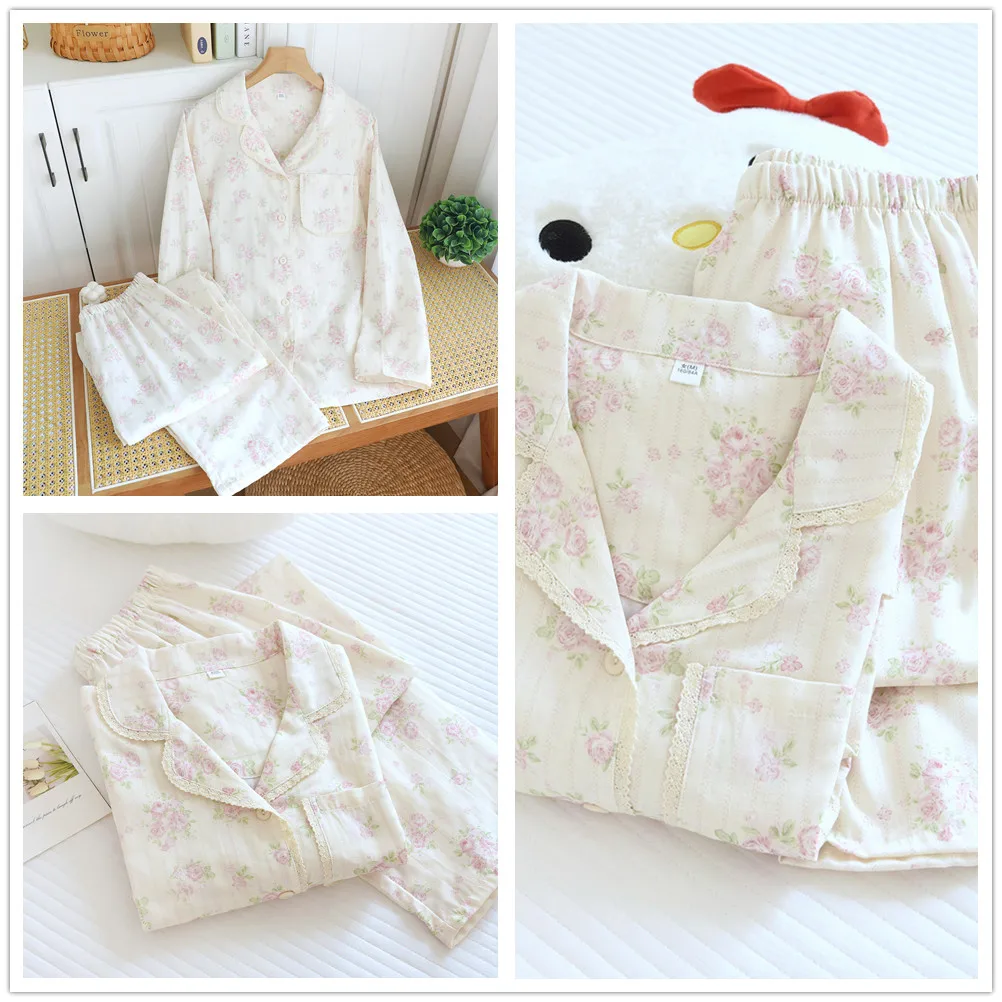 

Summer Long Sleeve Shirt Pajamas Clothes Long Pants Cute Sweet Thin Cotton Loose Fit Loungewear Set