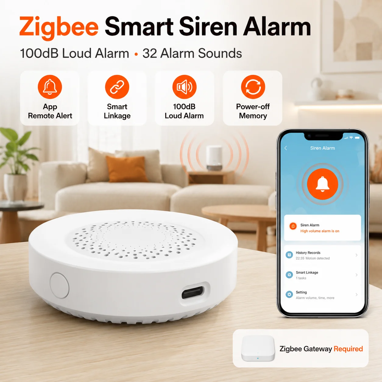 

Zigbee Siren Alarm 100dB Wireless Smart Home Alarm 32 Sounds App Remote Monitor Tuya Smart Life Alexa Google Gateway Required